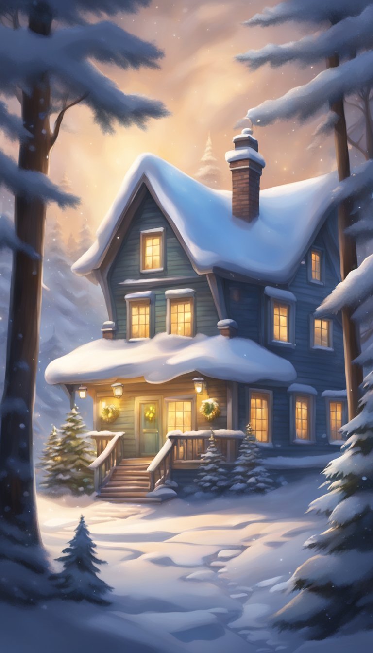 A cozy snow-covered cottage nestled in a peaceful winter forest, with smoke curling from the chimney and twinkling Christmas lights adorning the exterior