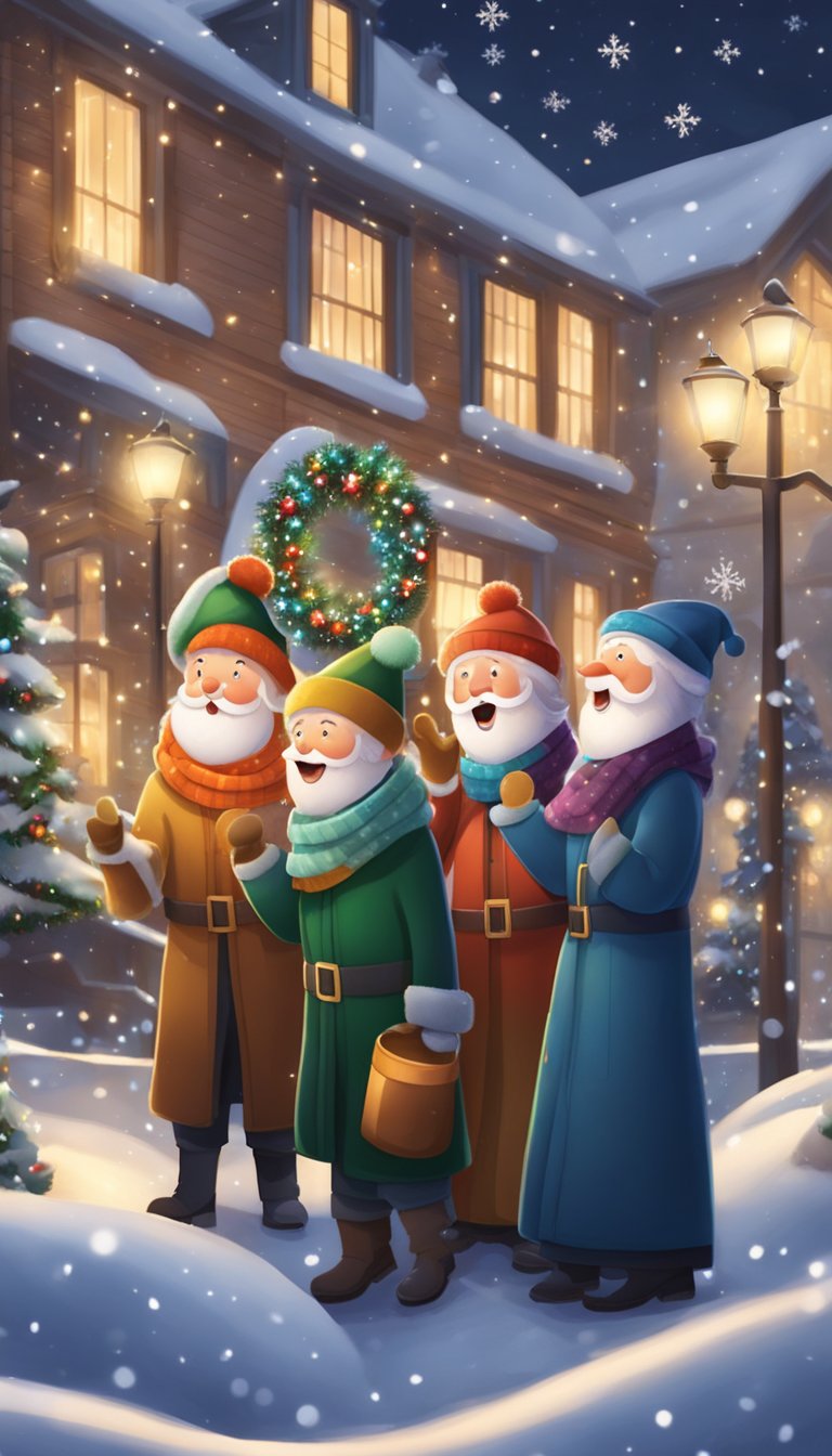 A group of joyful carolers singing in the snow, surrounded by twinkling Christmas lights and adorned with festive scarves and hats