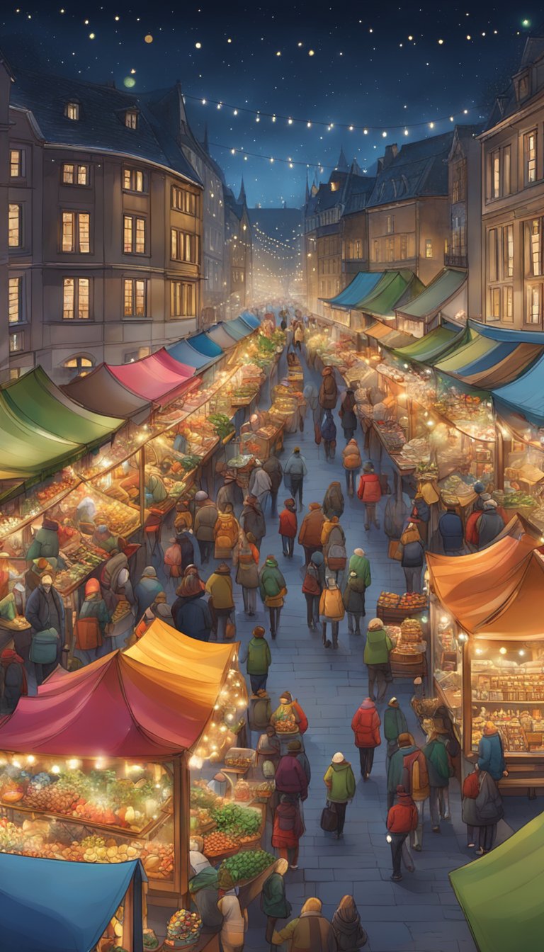 A bustling Christmas market at night with twinkling lights, festive decorations, and people browsing through stalls filled with holiday-themed goods