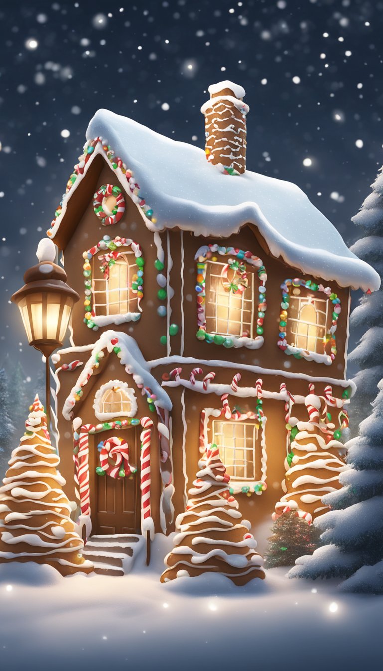 A cozy gingerbread house adorned with candy canes, gumdrops, and icing, surrounded by snow-covered trees and twinkling lights