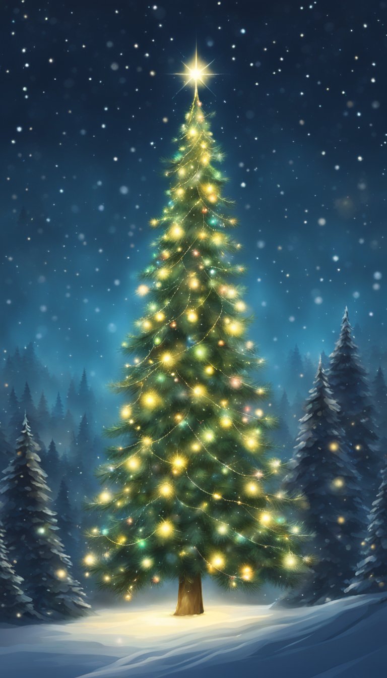 A tall evergreen tree adorned with twinkling Christmas lights