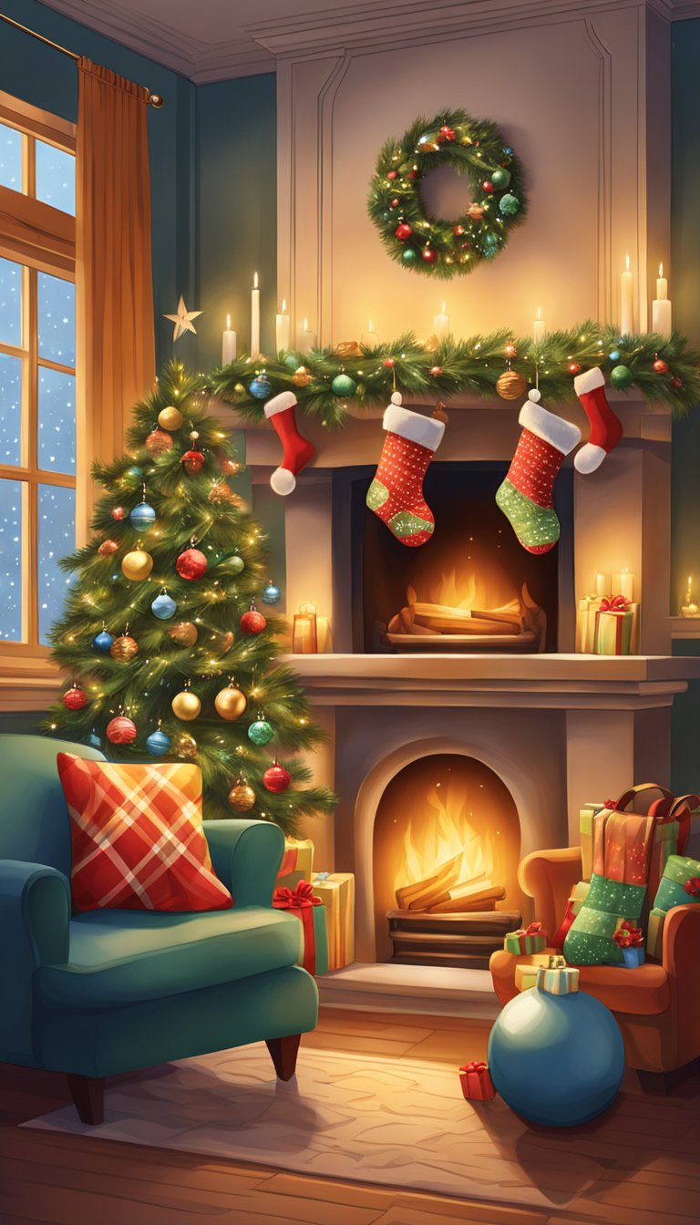 A cozy fireplace with festive stockings hung above, surrounded by twinkling Christmas decorations and a warm, inviting atmosphere