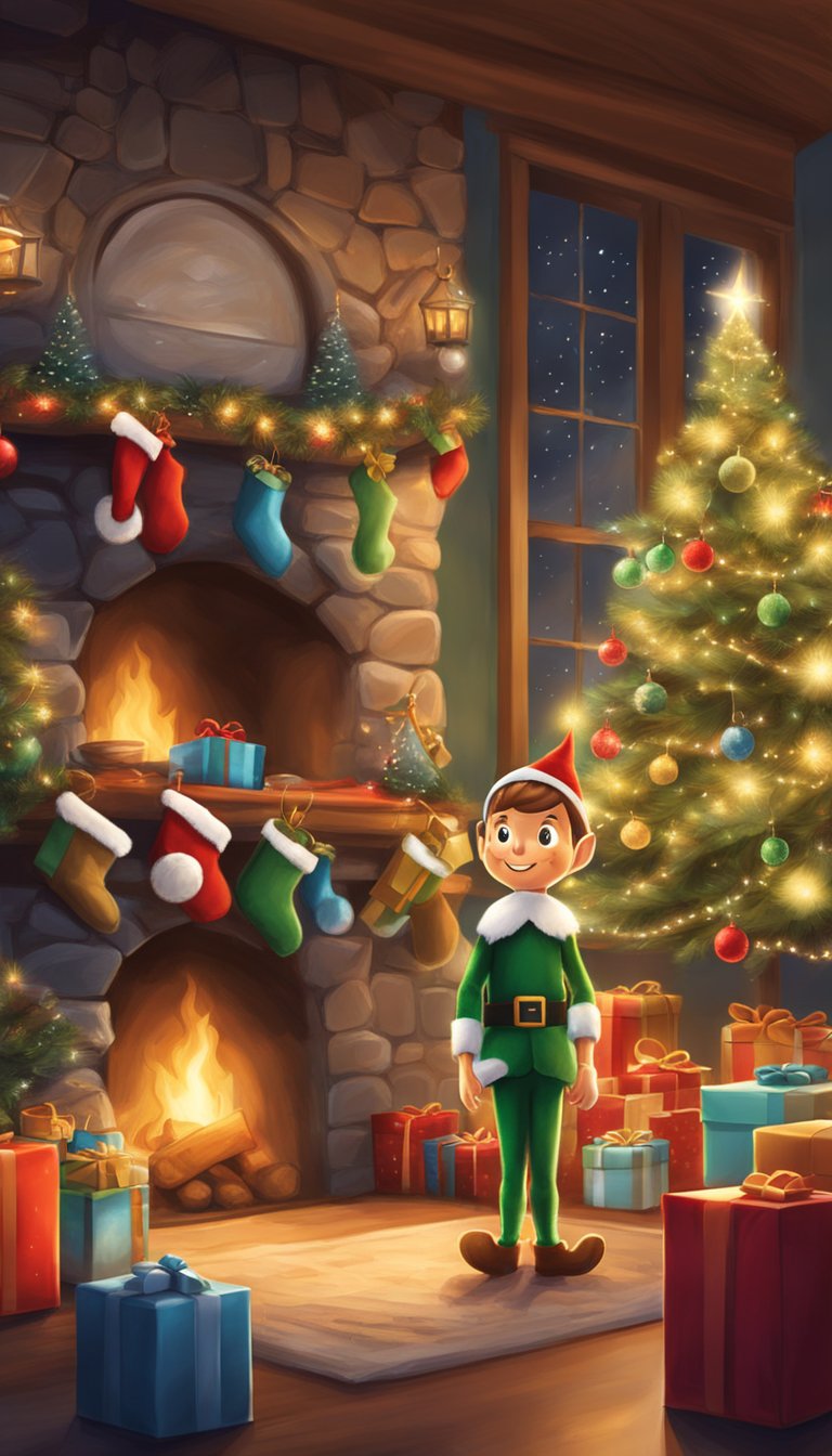 An adventurous Elf on the Shelf exploring a festive Christmas scene with twinkling lights, presents, and a cozy fireplace