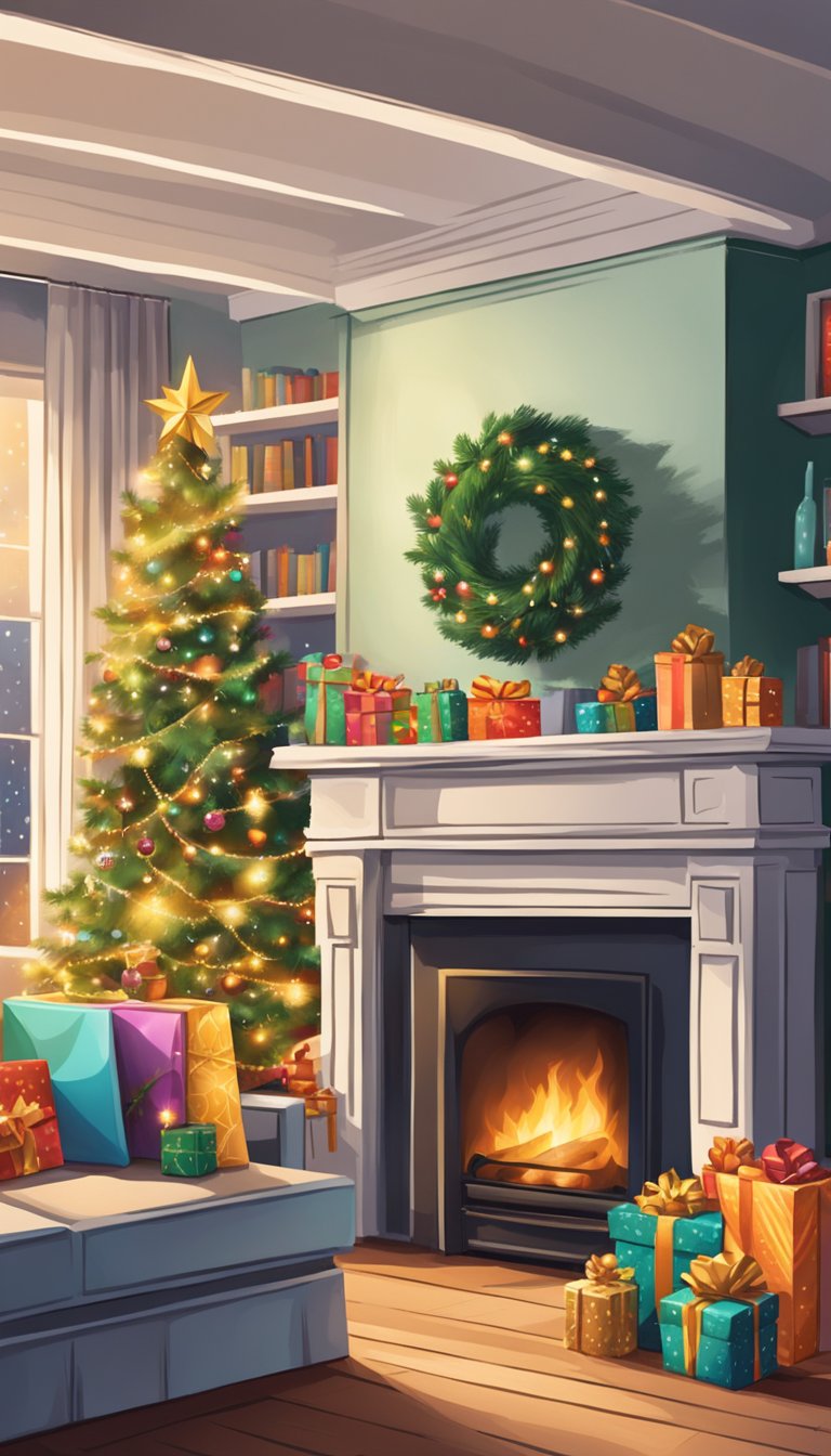 A cozy living room with a crackling fireplace, a festively decorated Christmas tree, and a pile of wrapped presents