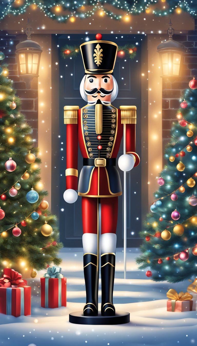 A Nutcracker Soldier stands tall on a festive display, surrounded by twinkling lights and other Christmas-themed decorations