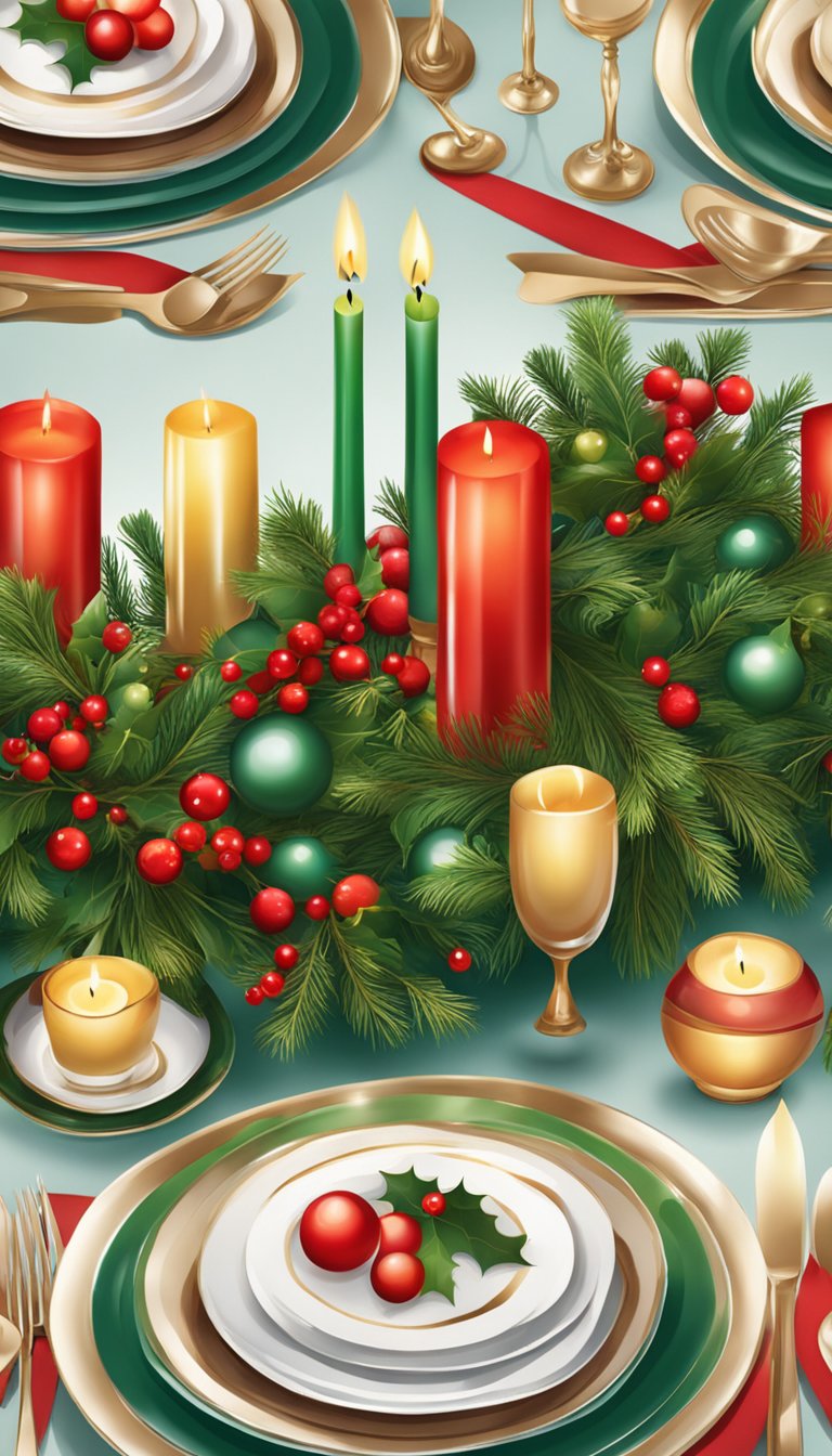 A festive tablescape with red and green decorations, including ornaments, candles, and holly