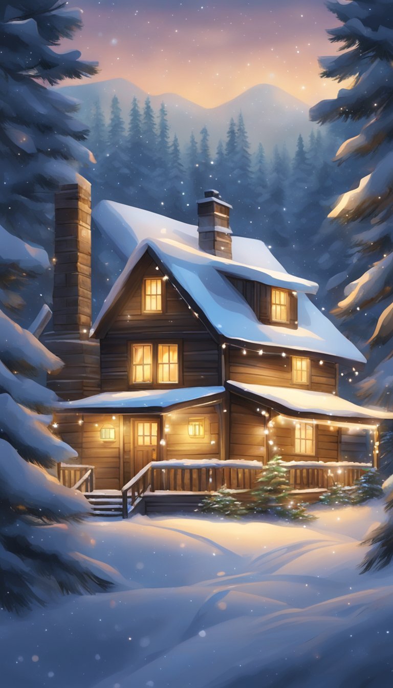 A snow-covered cabin with smoke rising from the chimney, surrounded by pine trees and twinkling Christmas lights