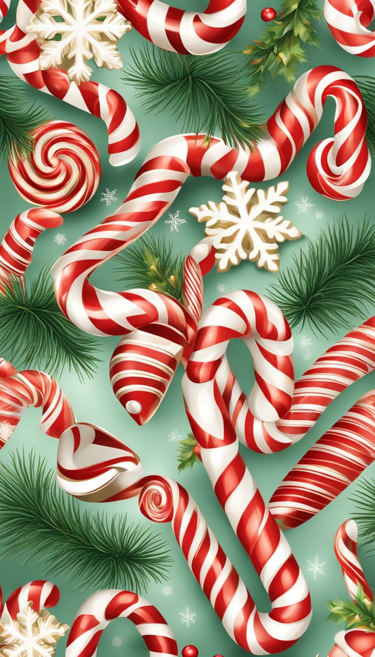 A festive scene with candy cane stripes and swirls, featuring traditional Christmas elements like ornaments, holly, and snowflakes