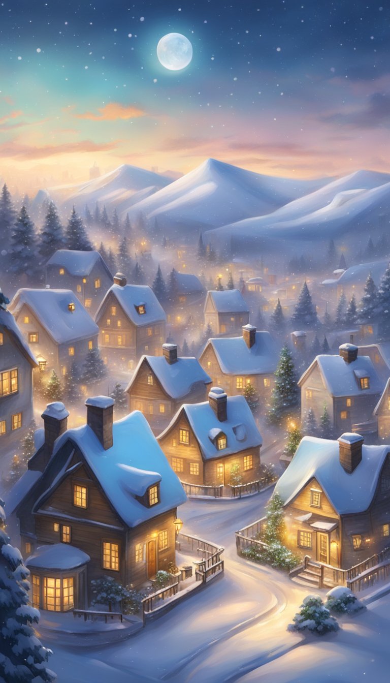 A charming village blanketed in snow, with cozy cottages, twinkling lights, and a dusting of snow on the rooftops