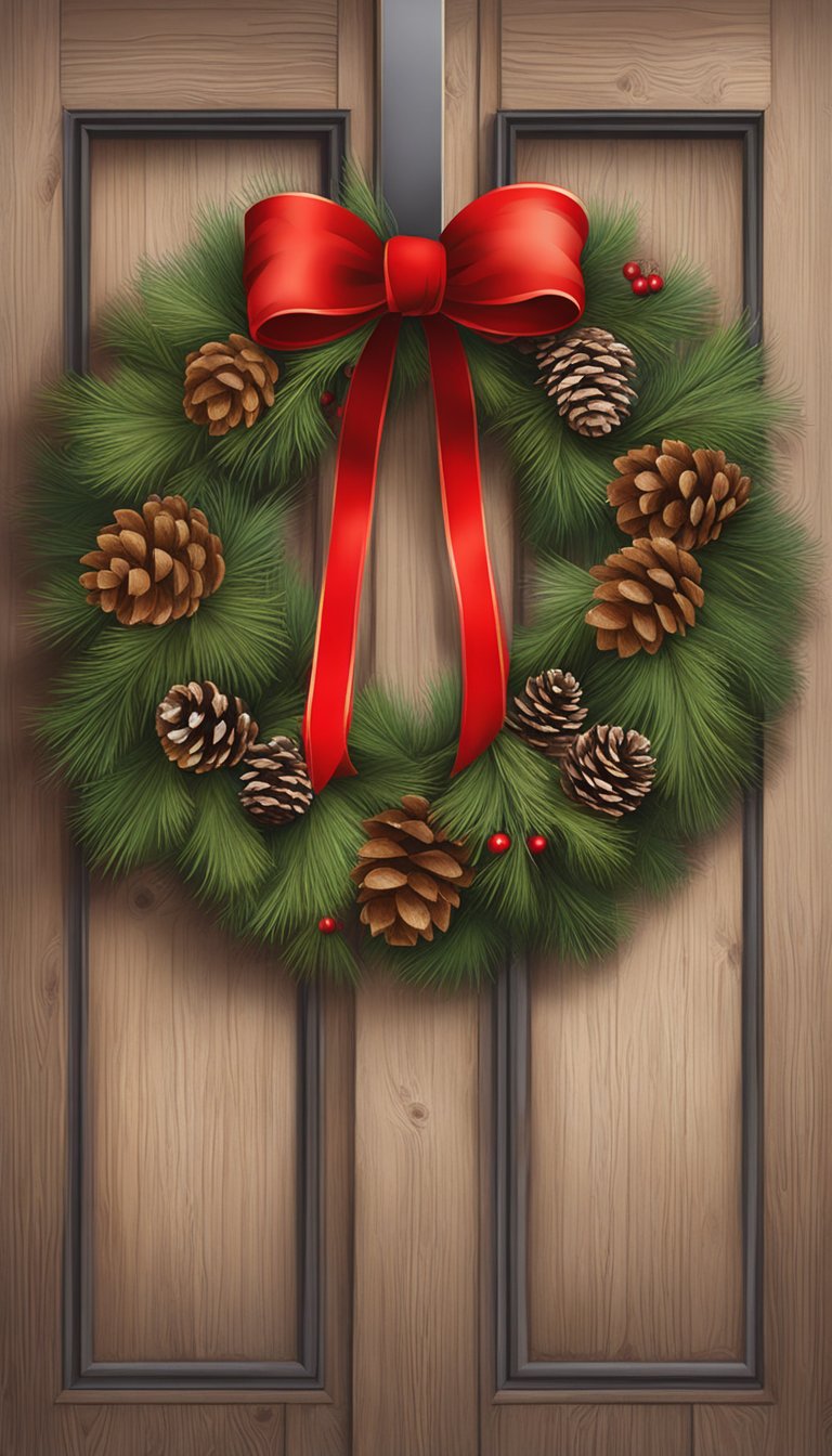 A festive wreath hangs on a rustic door, adorned with pinecones, berries, and a red bow