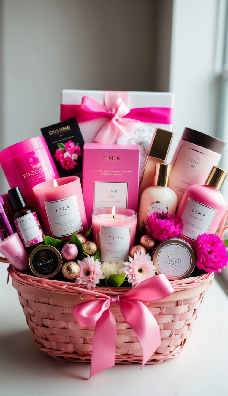 A collection of pink-themed gift items arranged in a basket, including items such as candles, chocolates, flowers, and beauty products