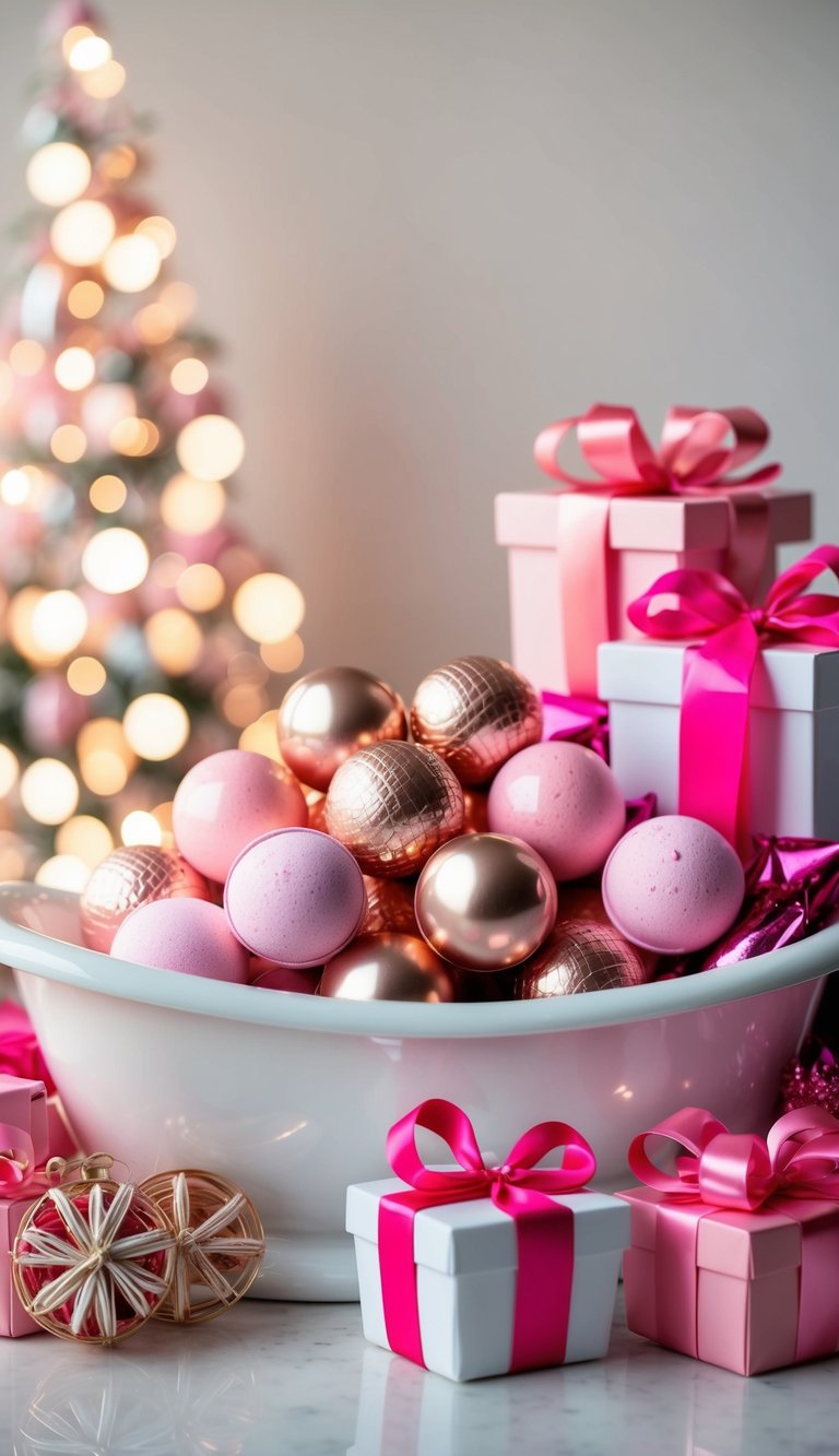 A luxurious bath filled with rose gold bath bombs surrounded by 15 pink themed gift baskets for her