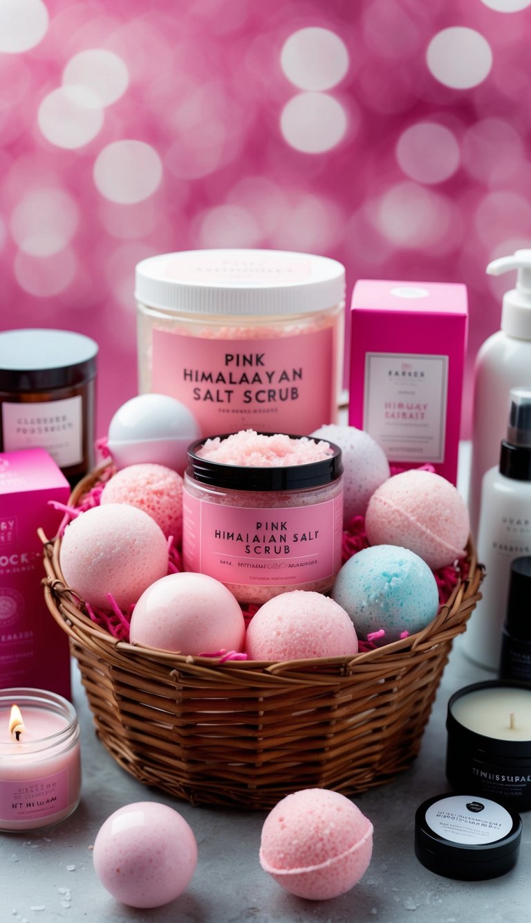 A pink Himalayan salt scrub sits in the center of a gift basket surrounded by various pink-themed items like candles, bath bombs, and skincare products