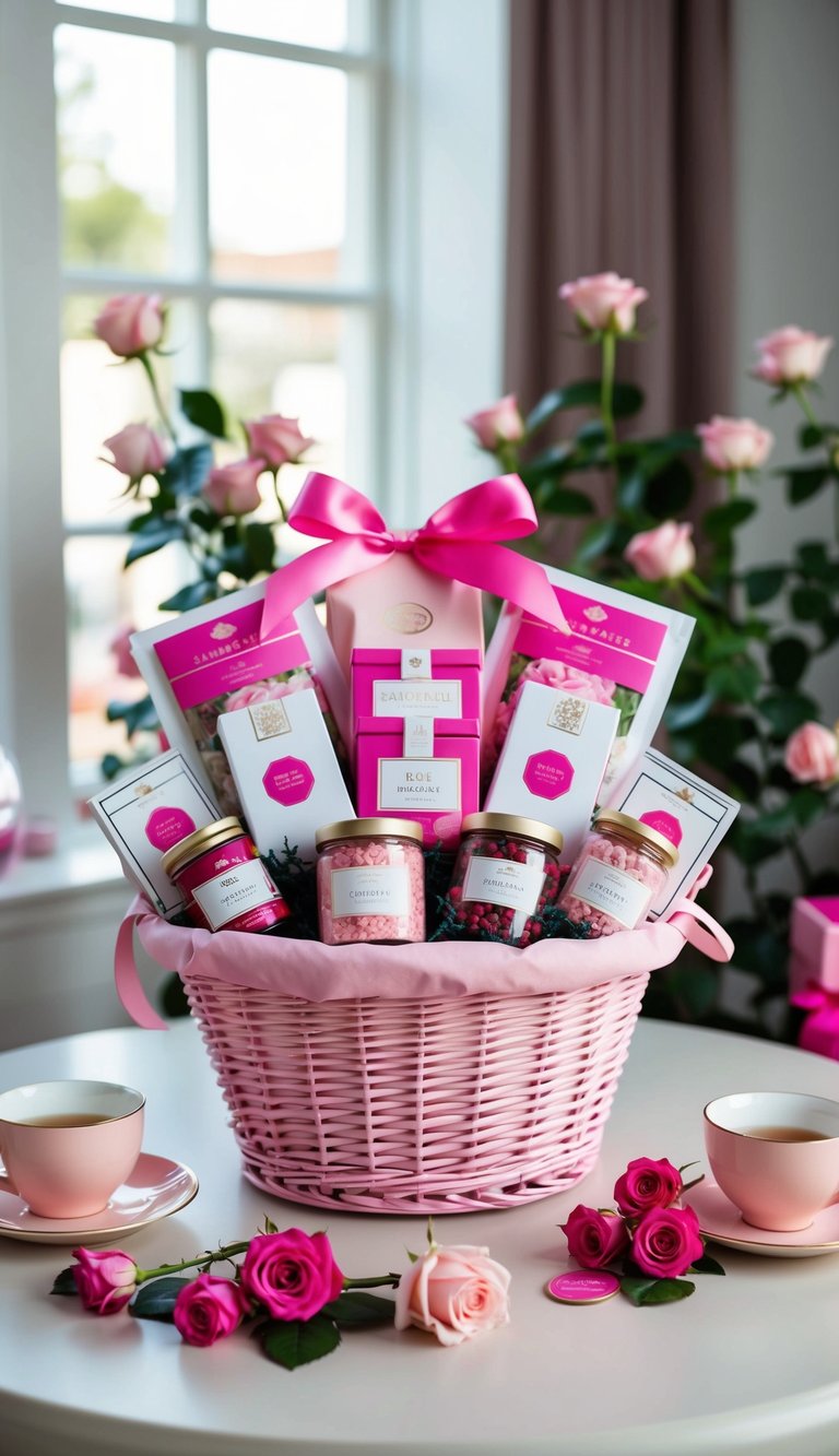 A delicate pink-themed gift basket filled with various rose tea samplers and matching accessories arranged on a table