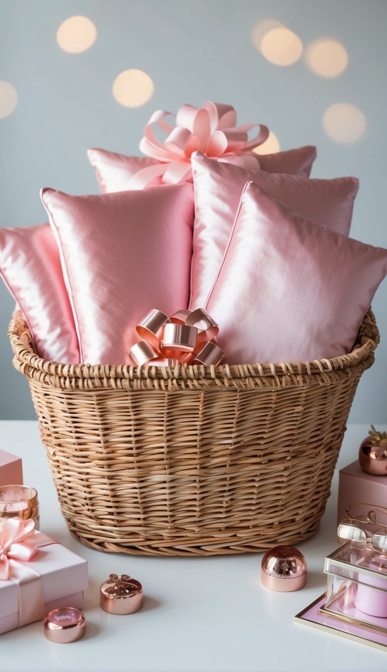 A gift basket filled with blush pink silk pillowcases, surrounded by 15 pink-themed items