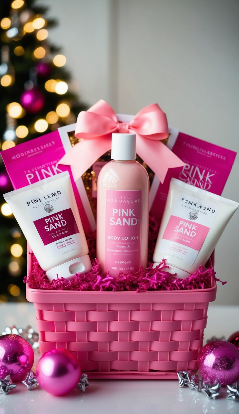 A pink-themed gift basket filled with various items including a bottle of pink sand body lotion, arranged in an attractive display