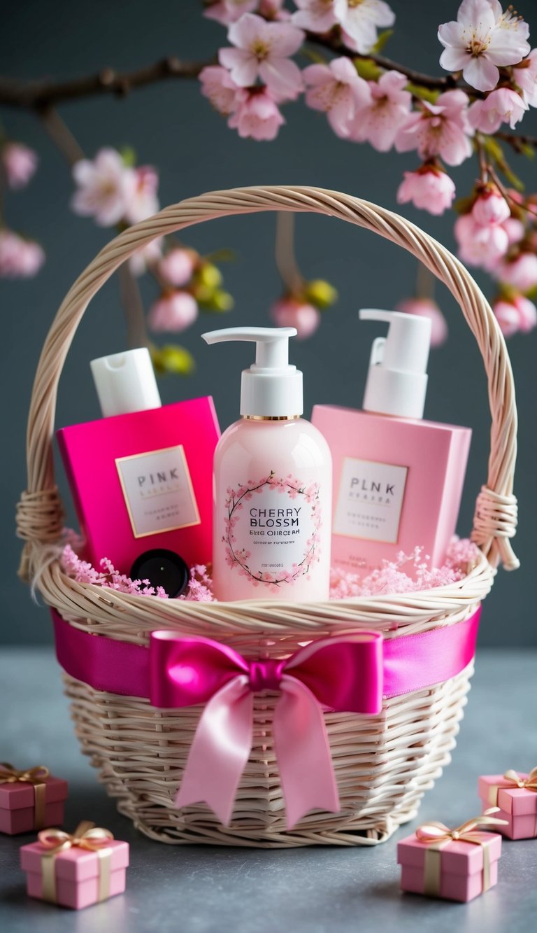 A delicate cherry blossom hand cream surrounded by 15 pink-themed gift items arranged in a decorative basket