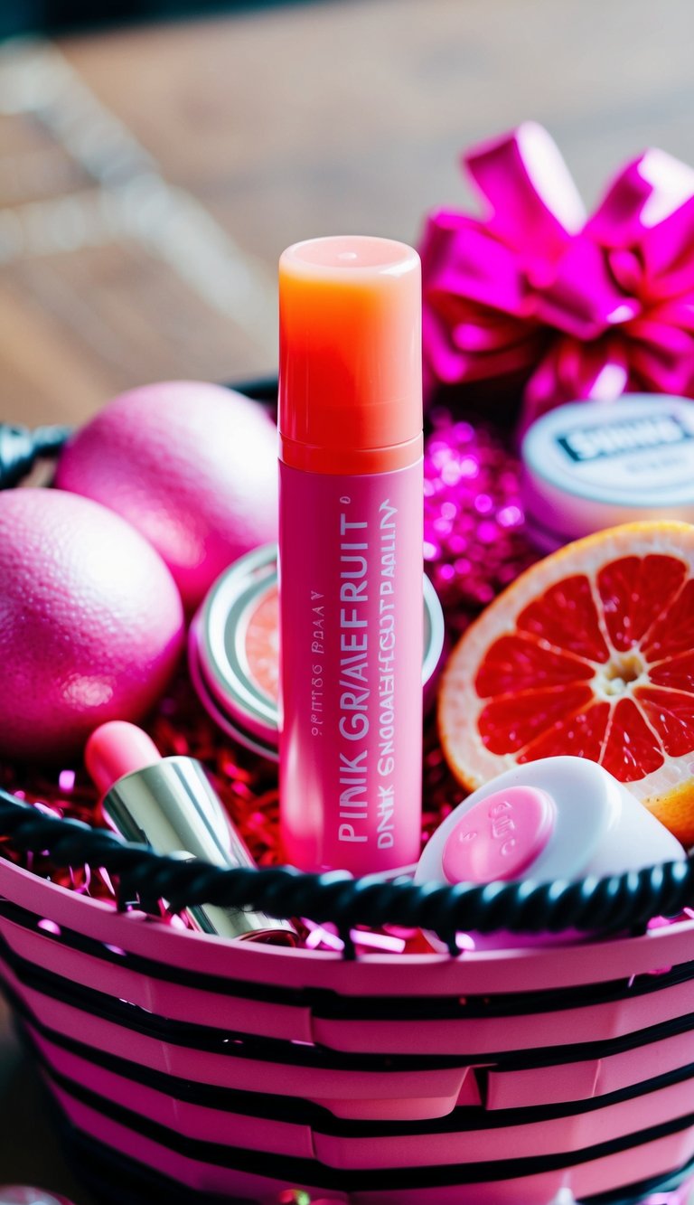 A pink grapefruit lip balm sits among various pink-themed items in a gift basket