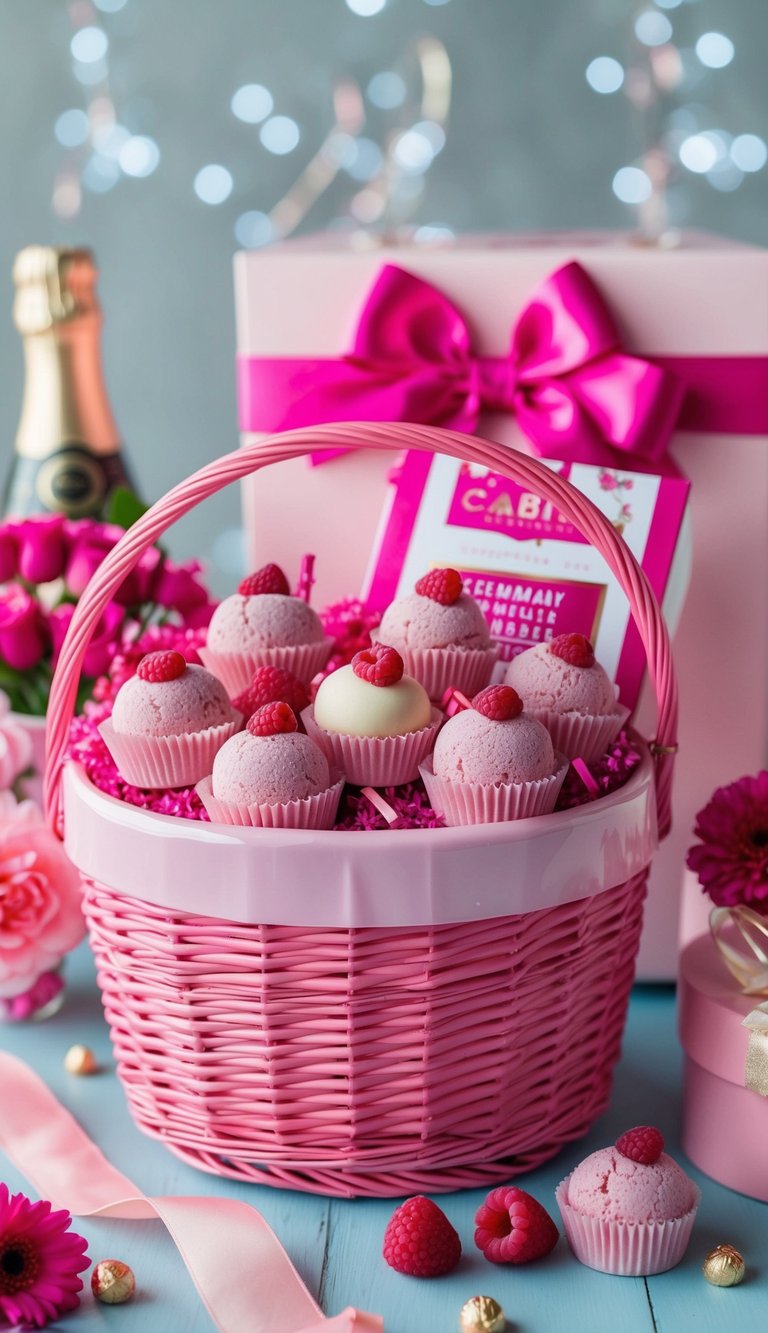 A pink gift basket filled with raspberry champagne truffles, surrounded by various pink-themed items such as flowers, ribbons, and other treats