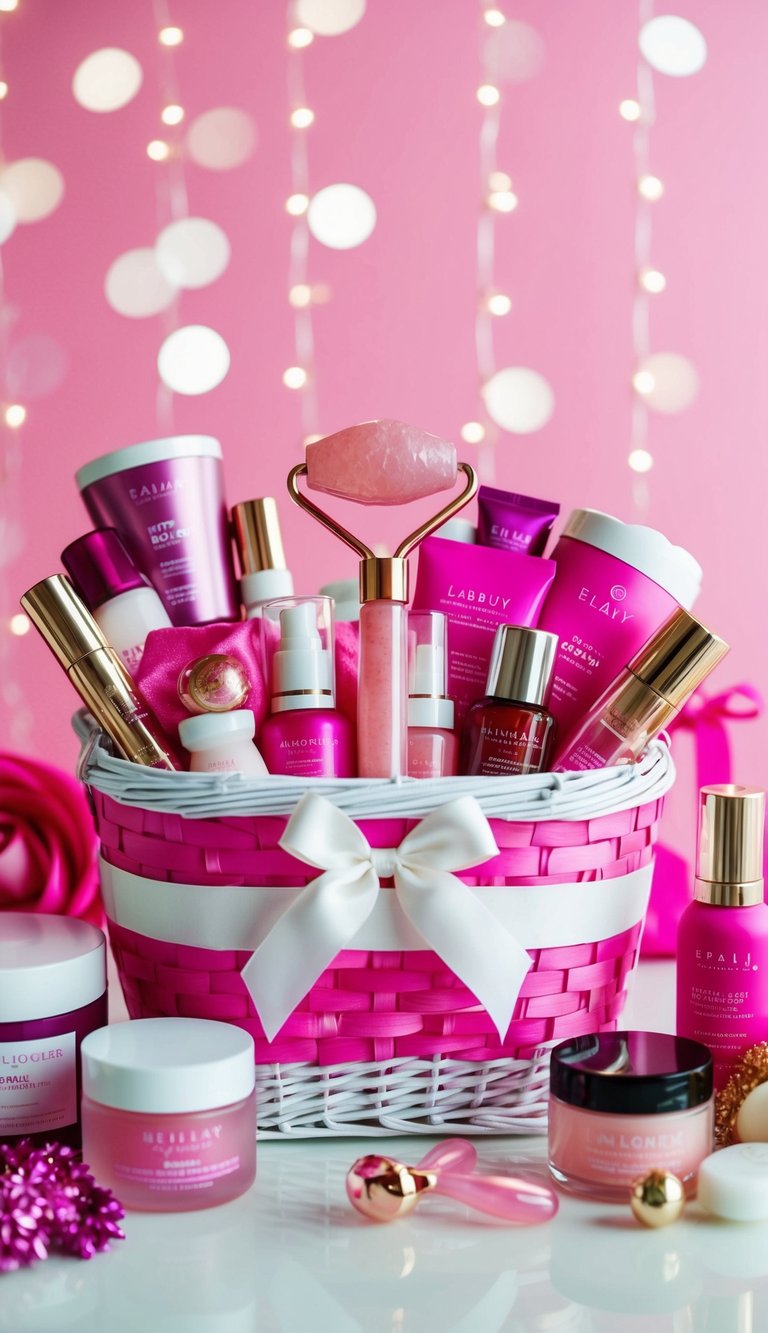 A pink-themed gift basket with a rose quartz facial roller, surrounded by various pink beauty products and accessories