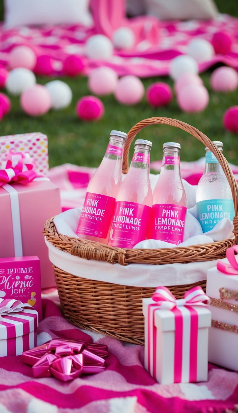 A picnic blanket with a basket filled with pink lemonade sparkling water, surrounded by various pink-themed gift items