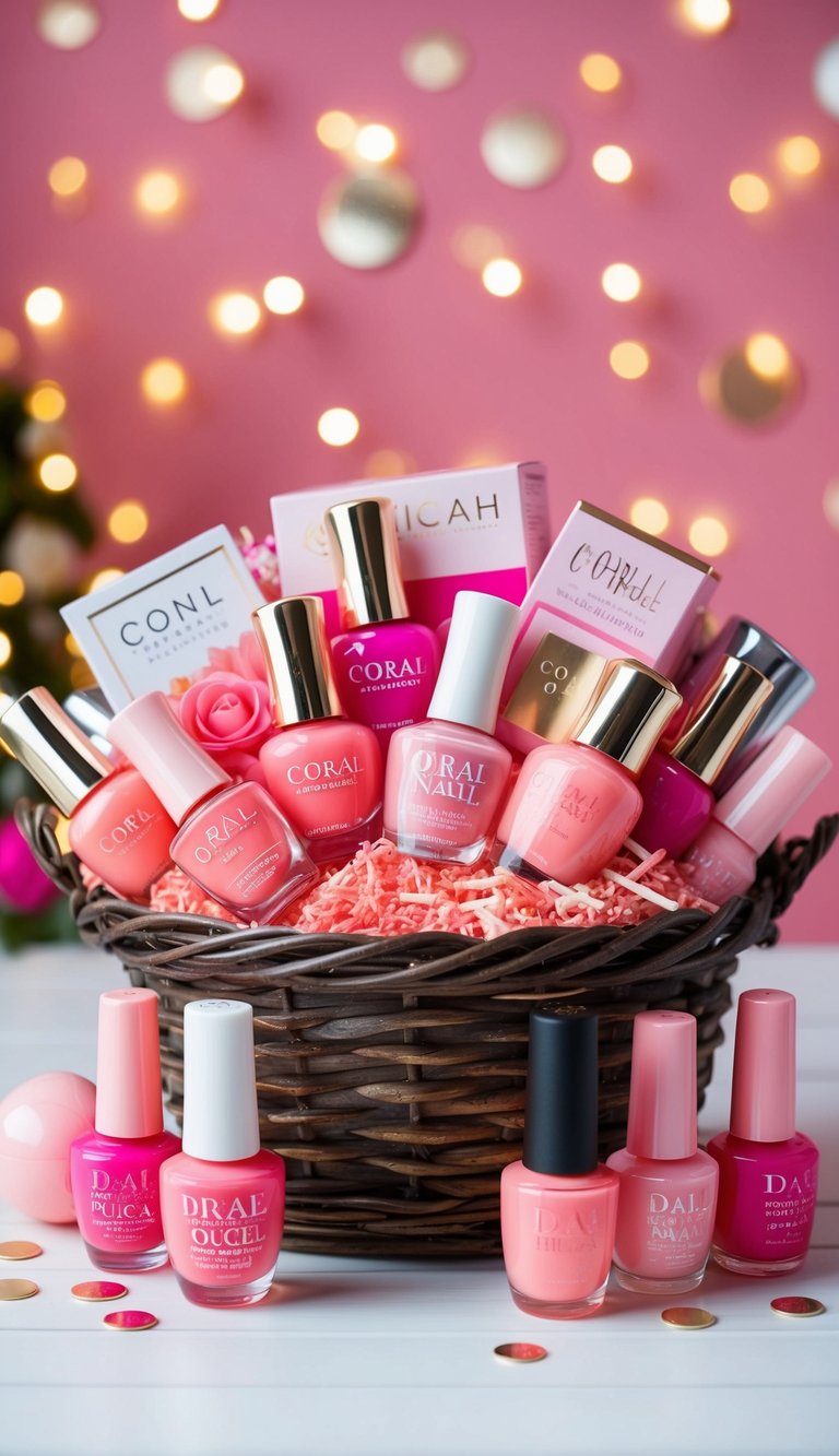 A gift basket filled with coral peach nail polish and 14 other pink-themed items arranged in a decorative display