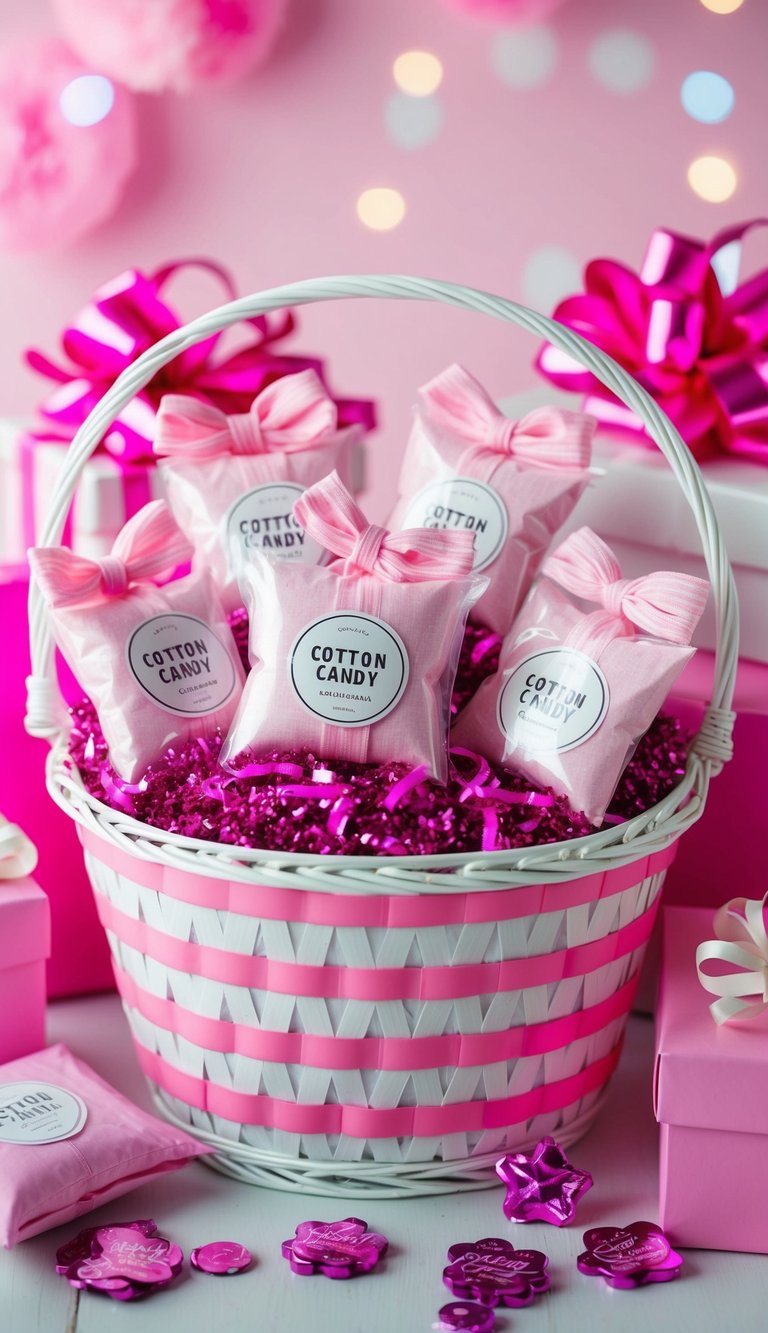 A pink-themed gift basket filled with cotton candy scented sachets, surrounded by other pink-themed gifts and decorations