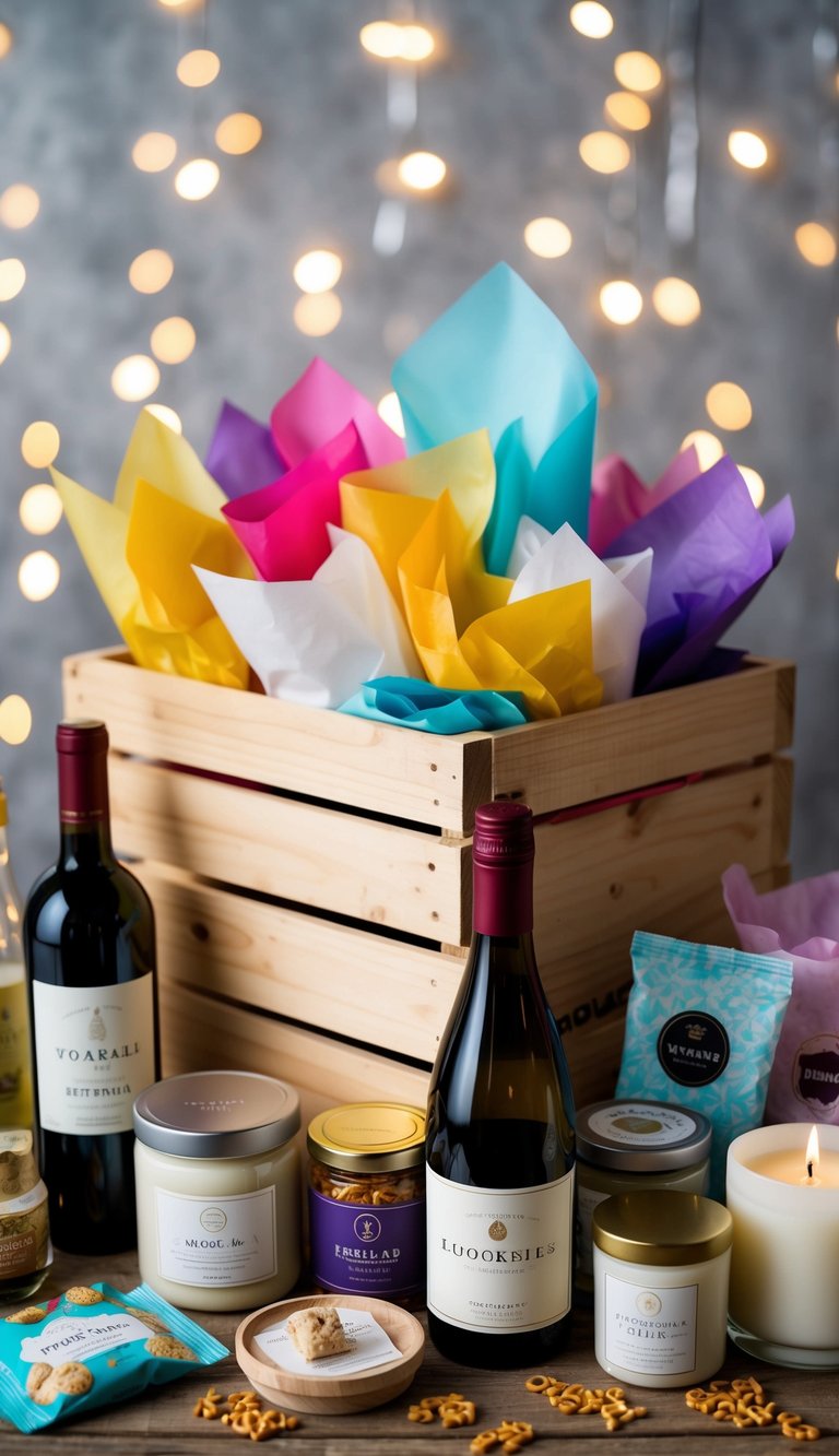 A wooden crate overflowing with colorful tissue paper, surrounded by items such as wine bottles, gourmet snacks, candles, and bath products