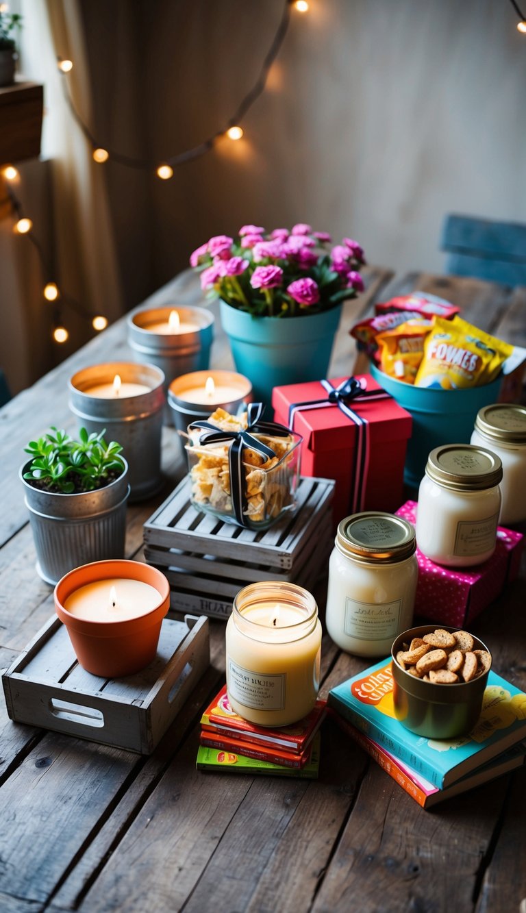 Various repurposed containers (flower pots, crates, jars) filled with gifts (candles, snacks, books) arranged on a rustic wooden table