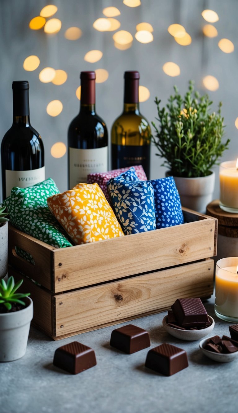 A wooden crate filled with colorful fabric, surrounded by items such as wine bottles, artisanal chocolates, potted plants, and scented candles