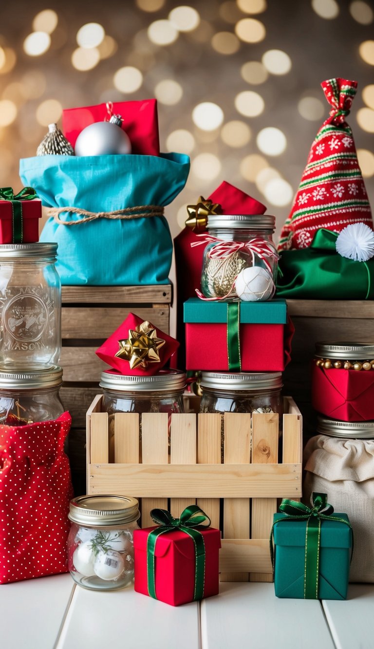 Assorted items like mason jars, wooden crates, and fabric bags arranged with gifts inside