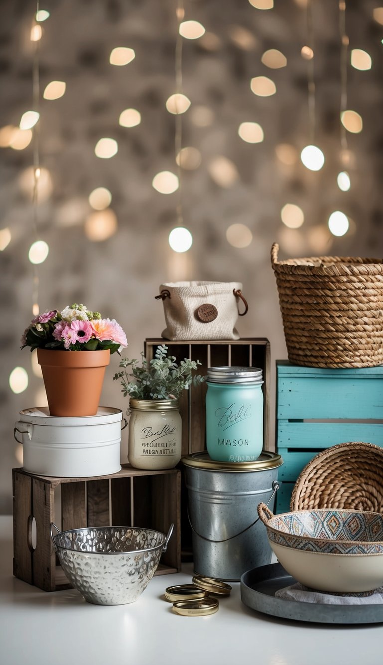 A variety of items arranged in a decorative manner, such as a flower pot, a woven basket, a mason jar, a wooden crate, a metal bucket, a fabric tote, a decorative bowl, and a serving tray