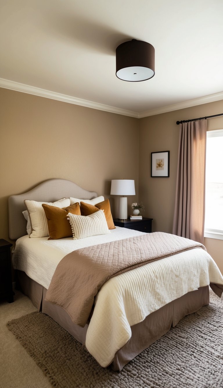 A cozy bedroom with light brown accents: a bedspread, curtains, throw pillows, and a rug. The walls are painted in a warm neutral tone to complement the color palette