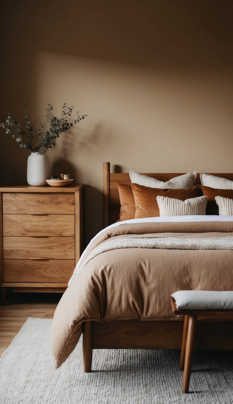 A cozy bedroom with light brown accents: a warm comforter, wooden furniture, and soft throw pillows in earthy tones