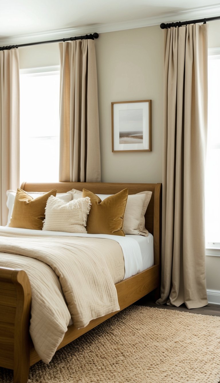 A cozy bedroom with light brown accents: a warm wood bed frame, soft beige curtains, a sandy-colored rug, and creamy pillows on a neutral-toned duvet