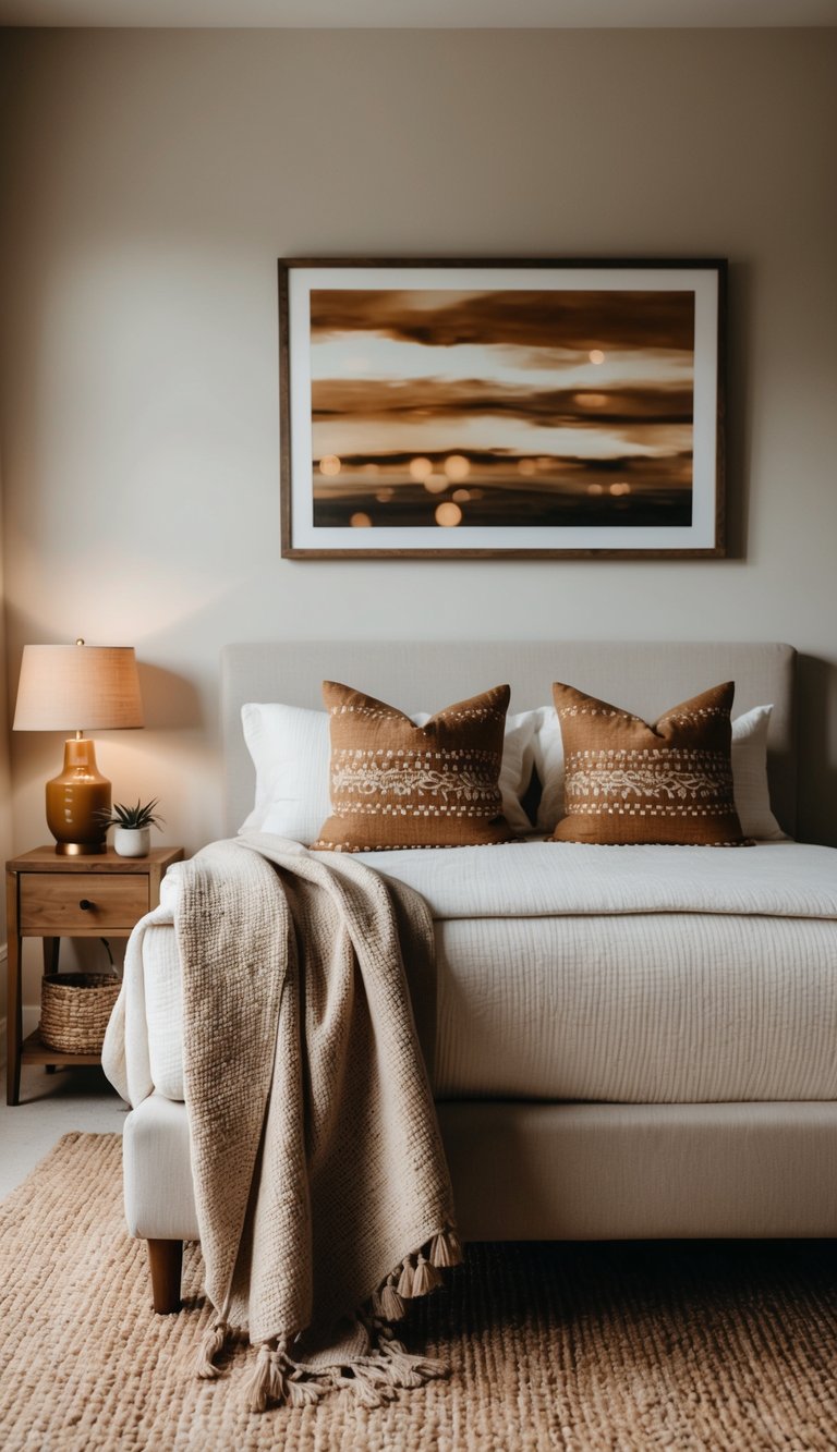 A cozy bedroom with light brown accents: a soft throw blanket draped over a chair, a woven rug on the floor, a pair of decorative pillows on the bed, a wooden bedside table with a warm lamp, and a framed artwork featuring earthy tones