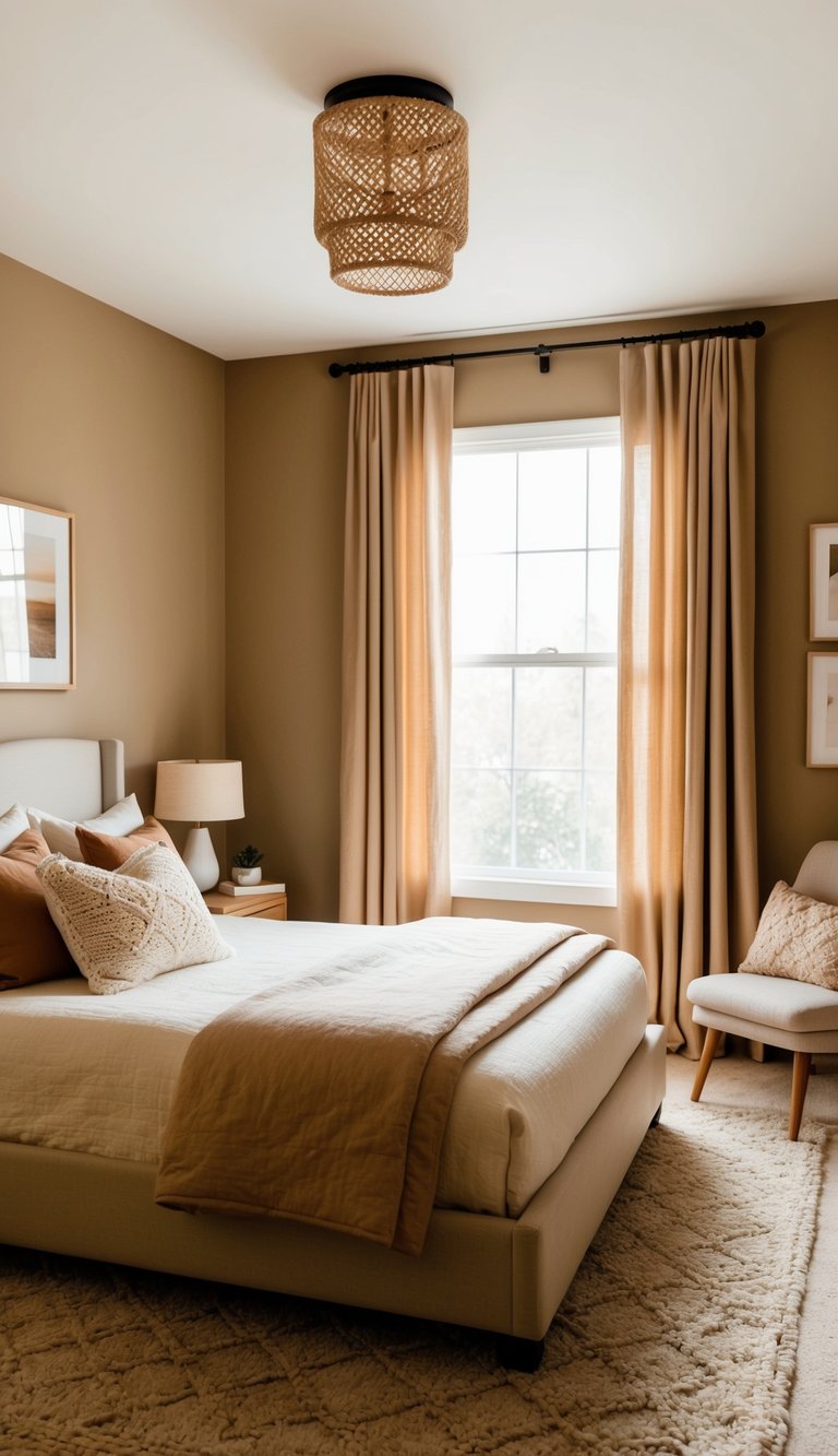 A cozy bedroom with light brown accents: a warm, inviting space with soft, earthy tones and natural light filtering in through the window