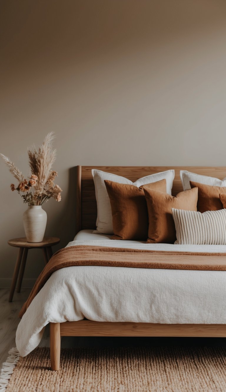 A cozy bedroom with light brown accents: a warm, earthy rug, soft throw pillows, and a wooden bed frame. A vase of dried flowers adds a touch of natural beauty