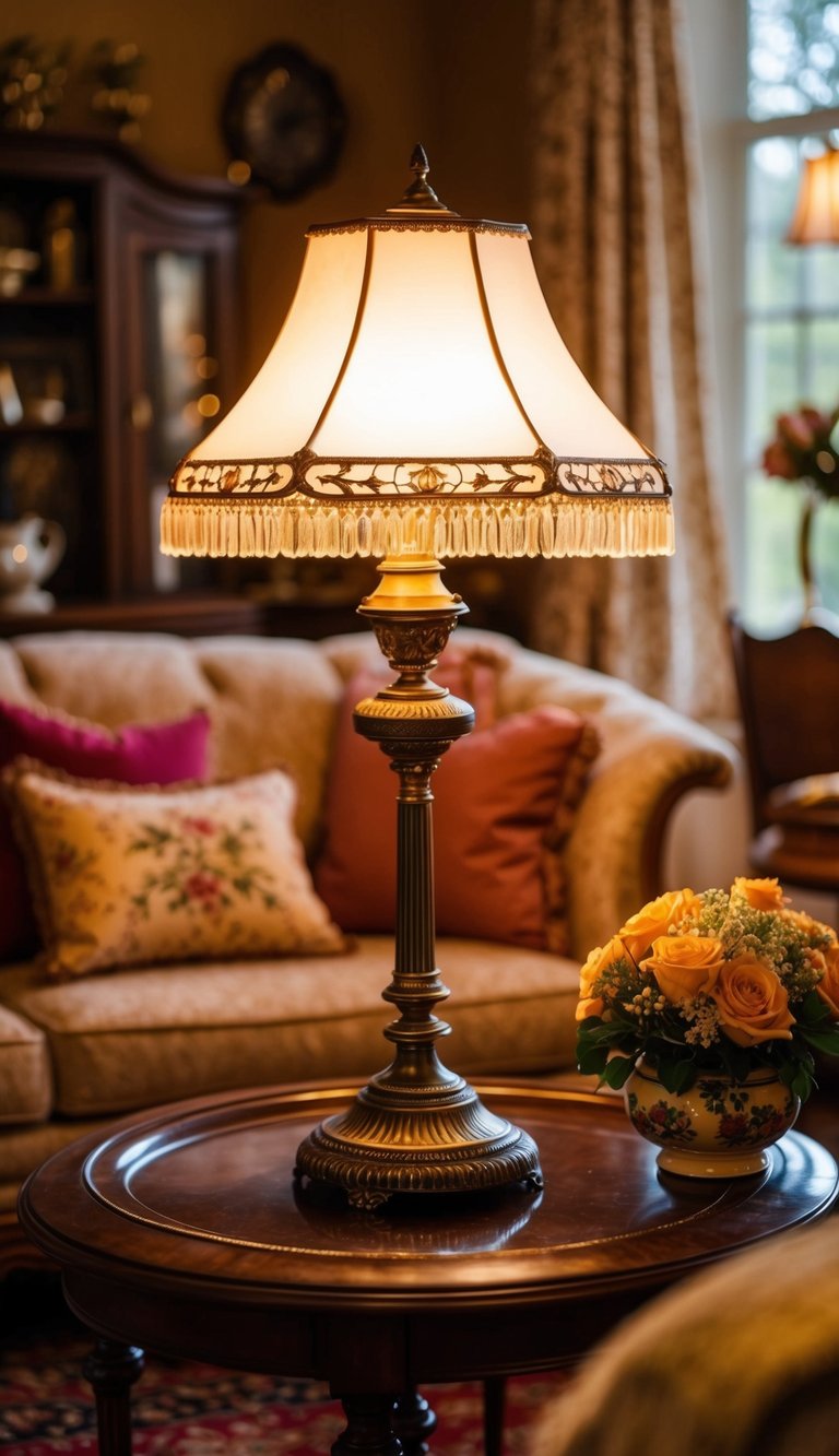 A Victorian-style table lamp illuminates a cozy grandma-core living room with vintage decor and warm, inviting ambiance