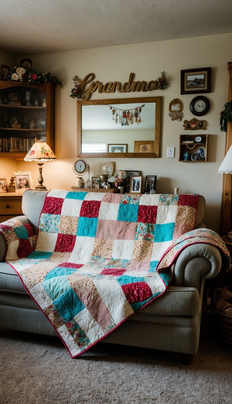 A cozy living room with a patchwork quilt thrown over a sofa, surrounded by various grandma-inspired decor and knick-knacks