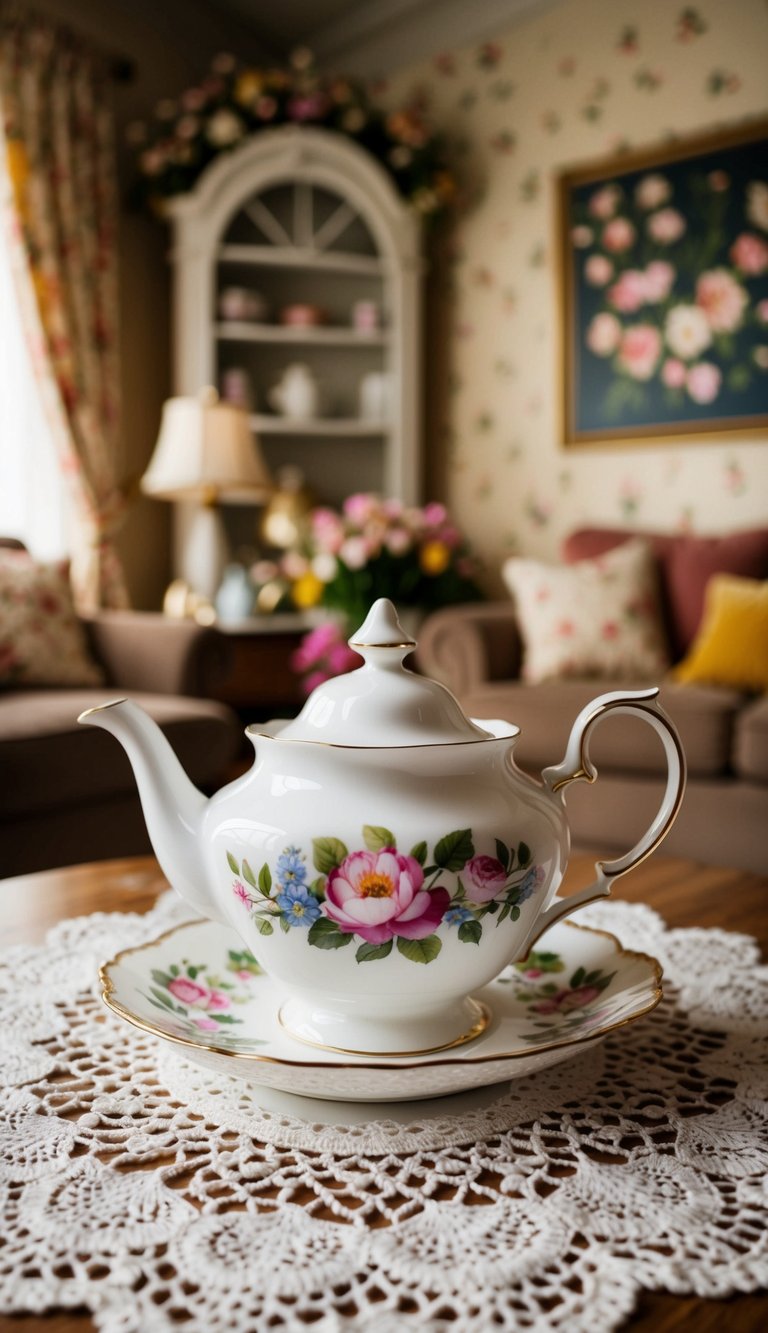 A porcelain tea set sits on a lace doily in a cozy living room filled with vintage decor and floral patterns