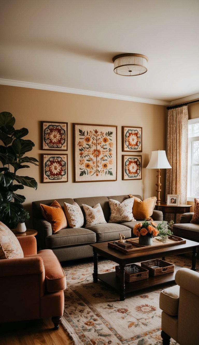 A cozy living room with embroidered wall art, vintage decor, and a warm color palette