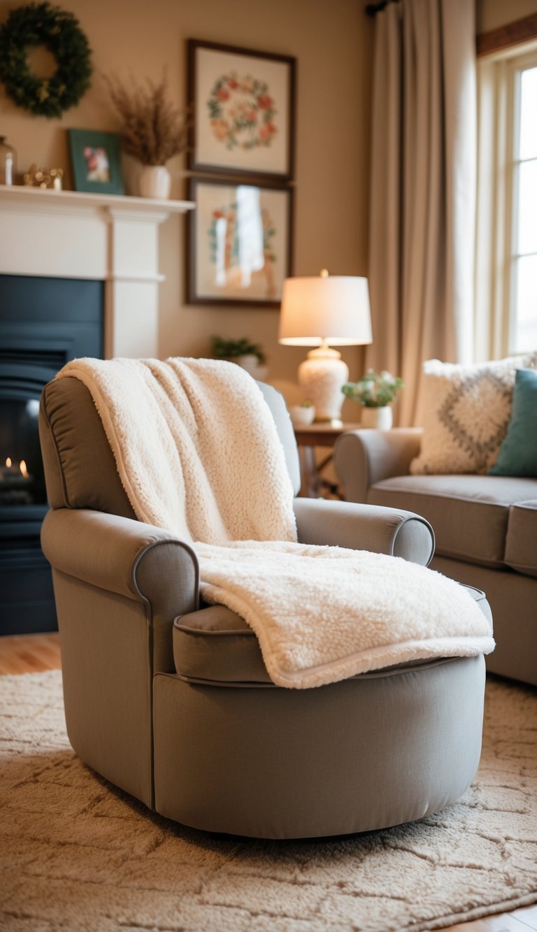 A cozy, sherpa-lined slipper chair sits in a warm, inviting living room adorned with grandma core decor