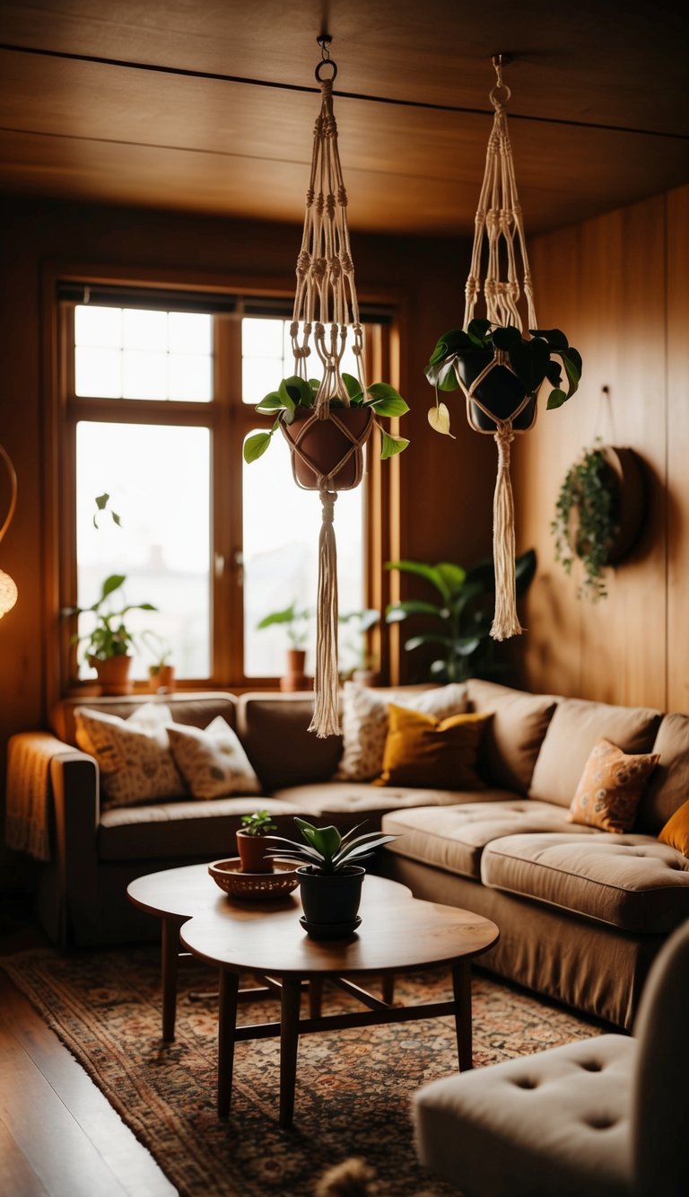 A cozy living room with macrame plant hangers hanging from the ceiling, surrounded by vintage furniture and warm, earthy tones