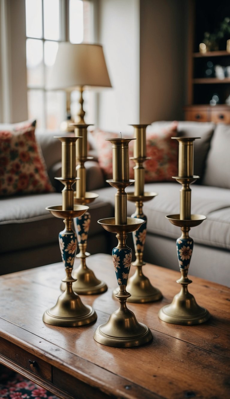 A cozy living room with antique brass candlestick holders, adorned with floral patterns, set on a vintage wooden table