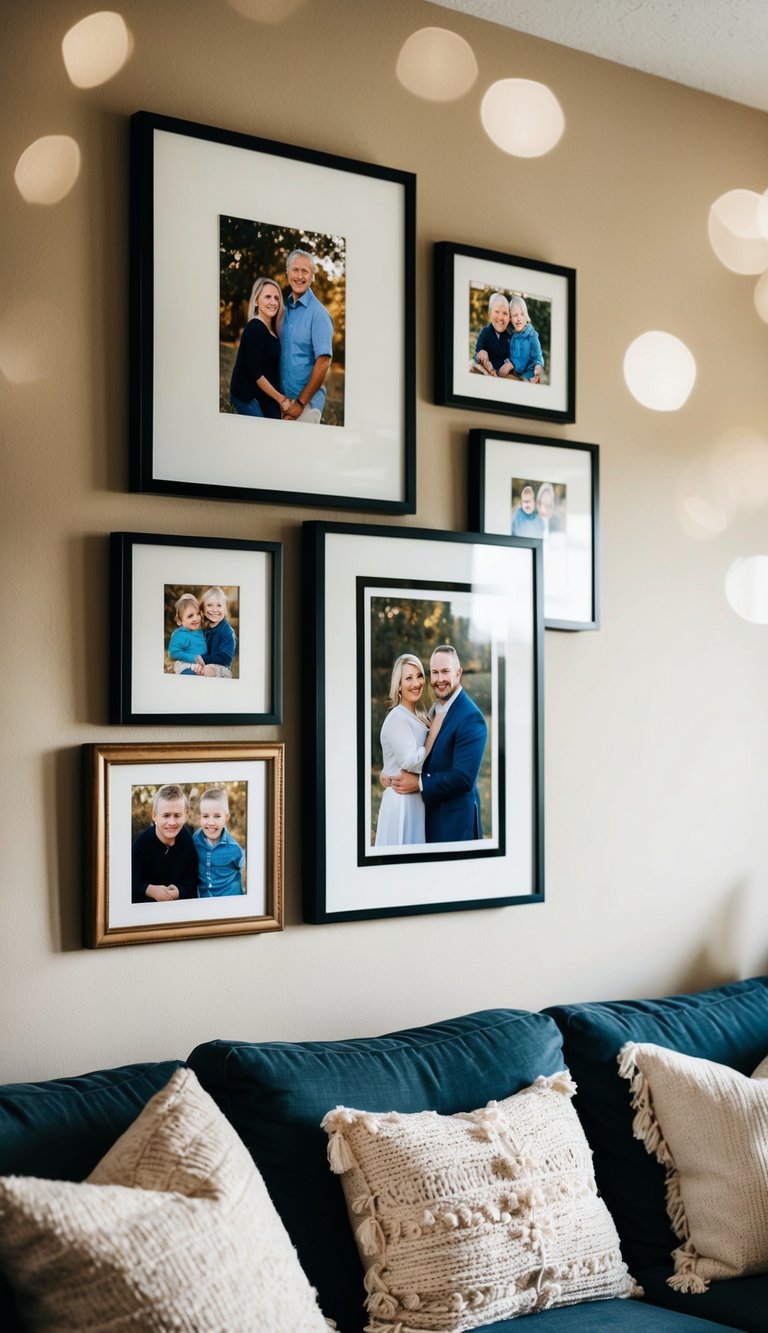 Framed family photos on wall, cozy living room, vintage feel