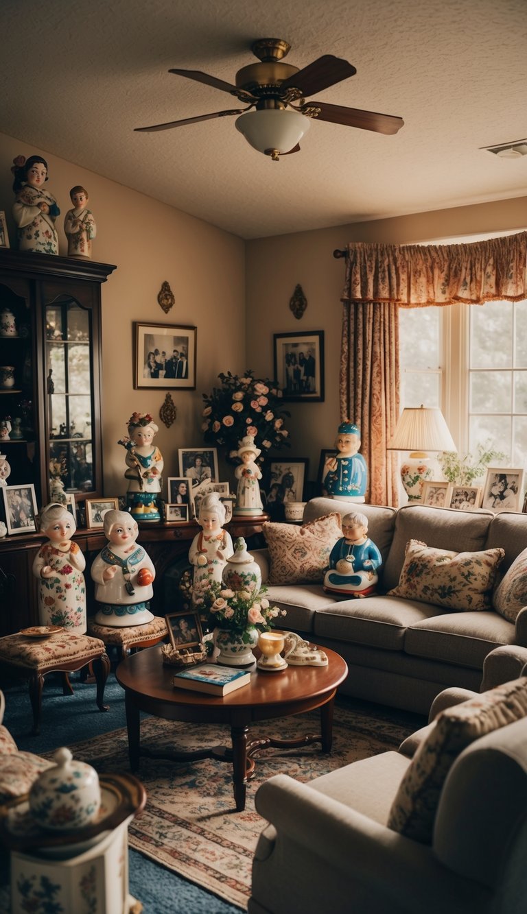 A cozy living room filled with ceramic figurines, vintage decor, and family photos, reflecting the warmth and love of a grandmother's home