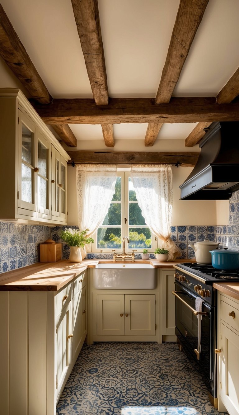 A cozy French cottage kitchen with rustic wooden beams, a farmhouse sink, and a vintage stove. Sunlight streams in through lace curtains, illuminating the charming blue and white tiles