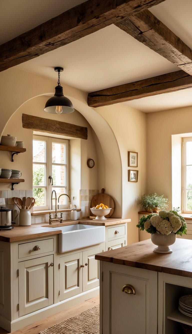 A cozy French cottage kitchen with chic rustic wooden beams and warm, inviting ambiance