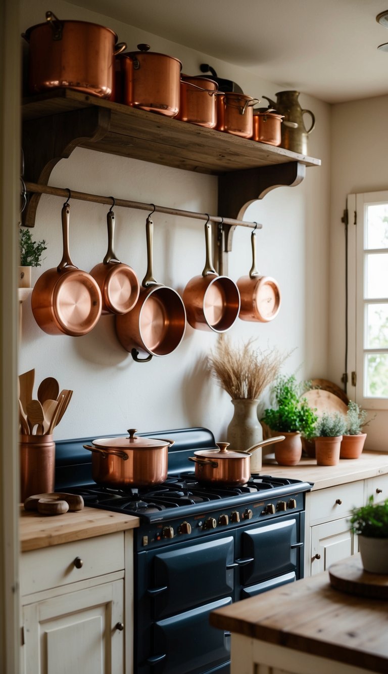 A rustic French kitchen with vintage copper pots and pans hanging from a wooden rack, surrounded by charming country-inspired decor